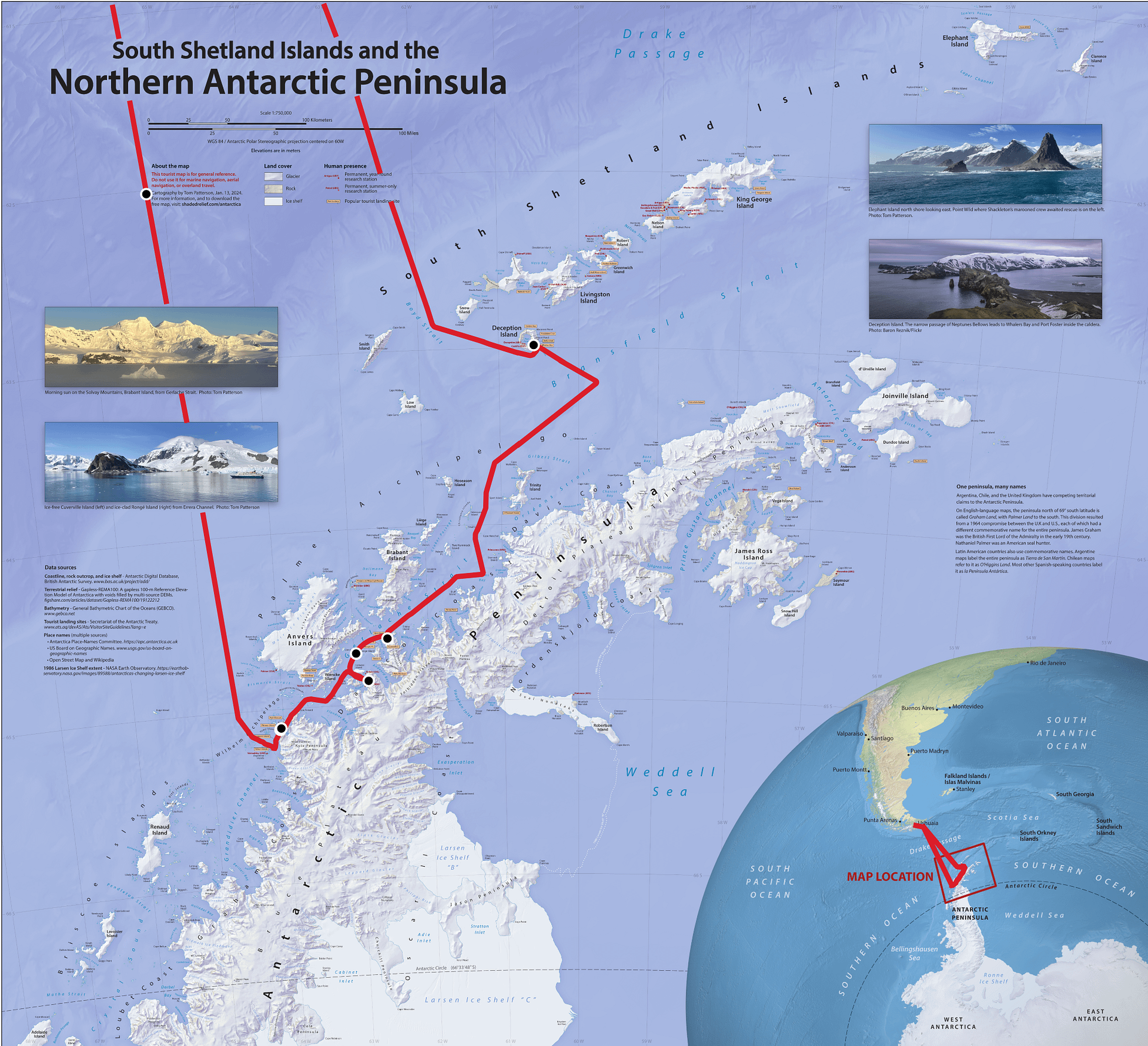 Zodiac boat cruising among Antarctic icebergs with passengers photographing wildlife